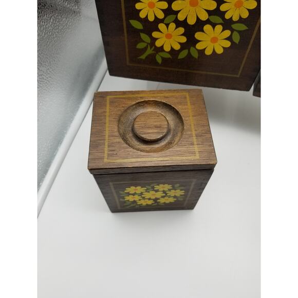 Imperial Hand Carved HardWood Canisters Yellow Flowers Japan Vintage Set nesting - Picture 4 of 16